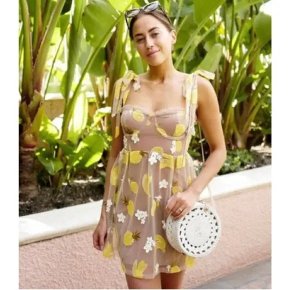 For Love & Lemons Nude Fruit Sequin Yellow Mini Dress - Picture 4 of 6